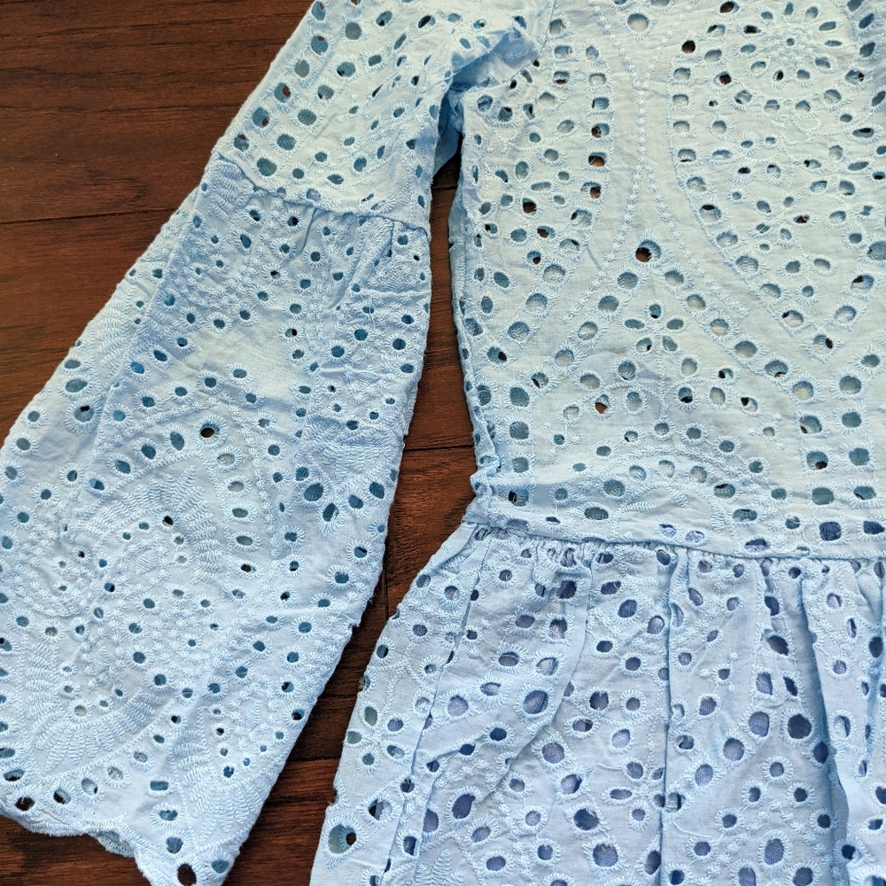 NWOT Eyelet Dress Blue with Bell Sleeves - Picture 2 of 6